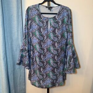 Elizabeth and James Silk Bell‎ Sleeve Dress Paisley Blue Green Size Small